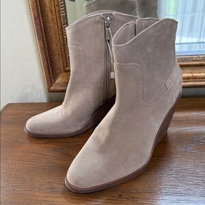 New without tag. Lucky Brand Taupe Suede Wedge Ankle Booties. Size 7.5. Side zip
